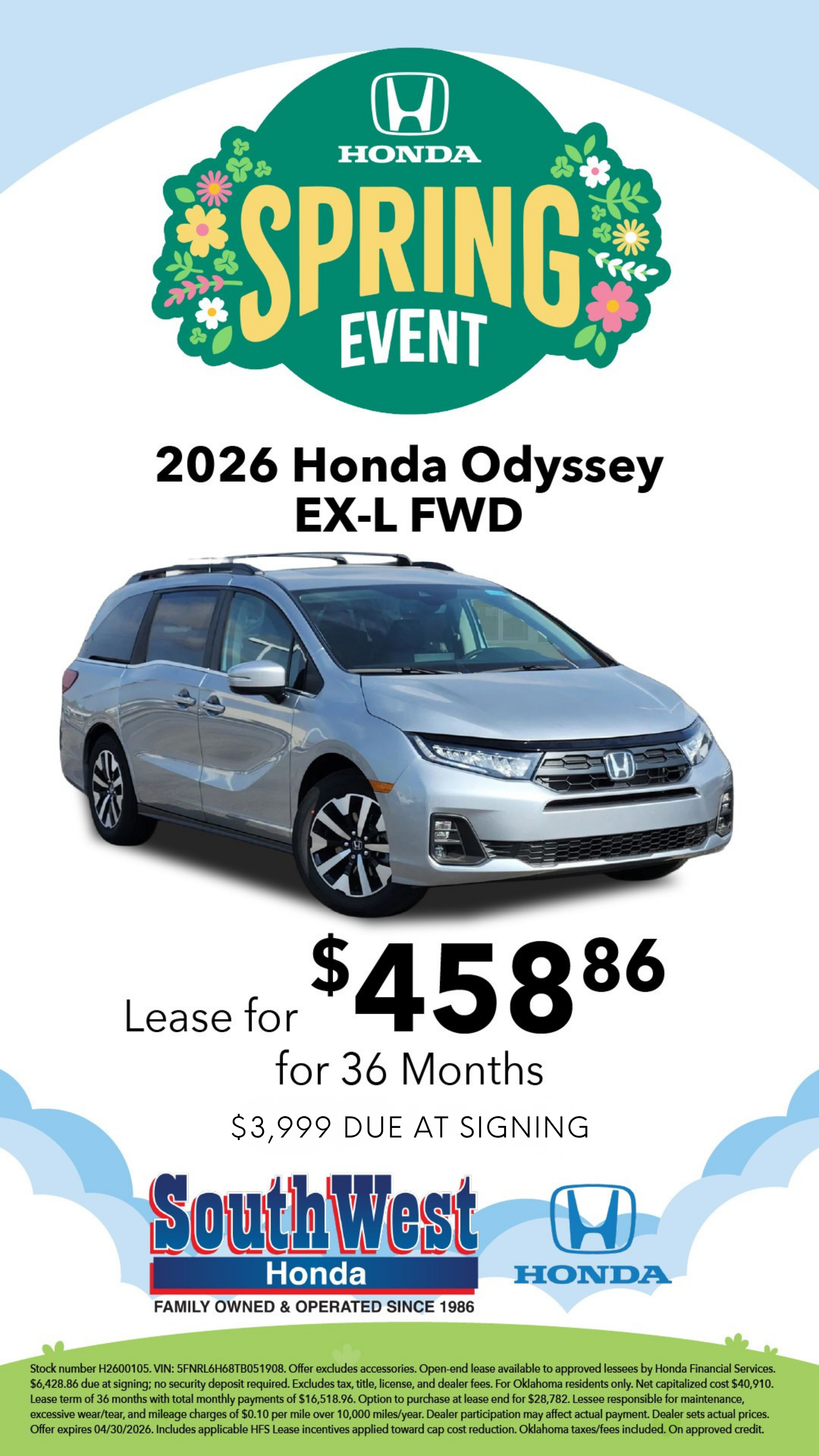 2026 Honda Odyssey EX-L $458.68/month!
