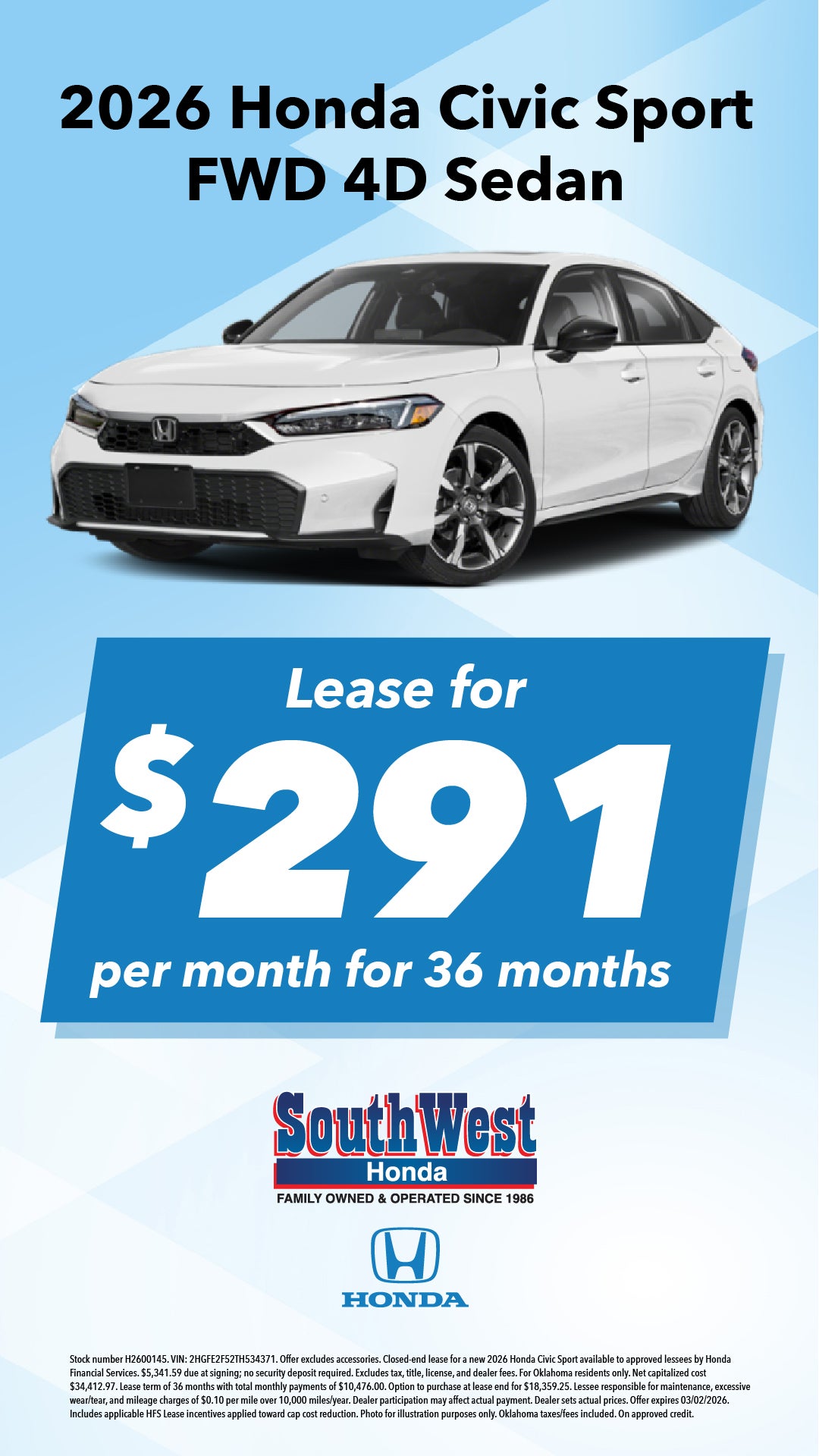 Shop $291/mo Lease Special on 2026 Honda Civic!
