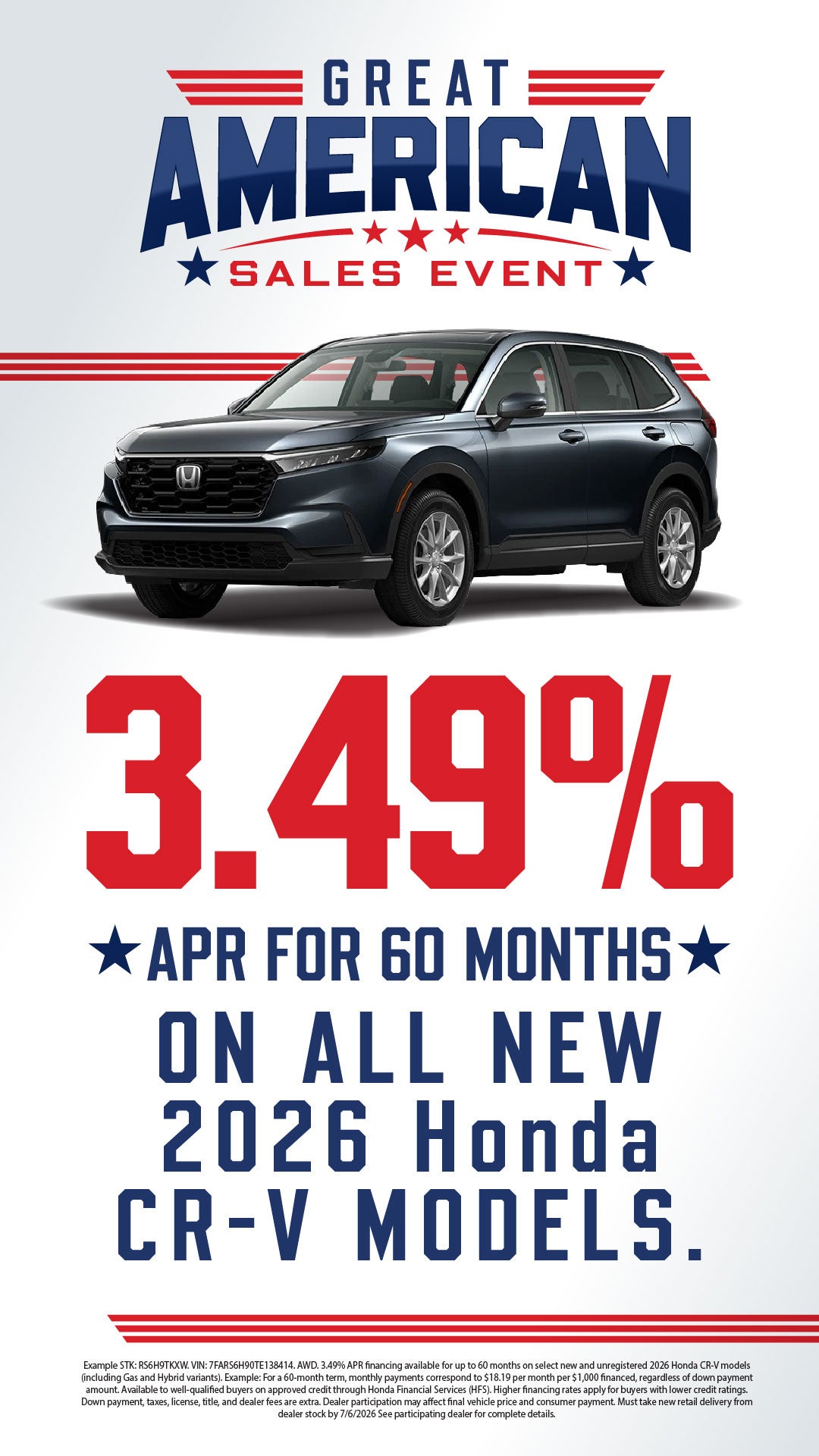3.49% APR for 60 Months on all 2026 Honda CR-V!